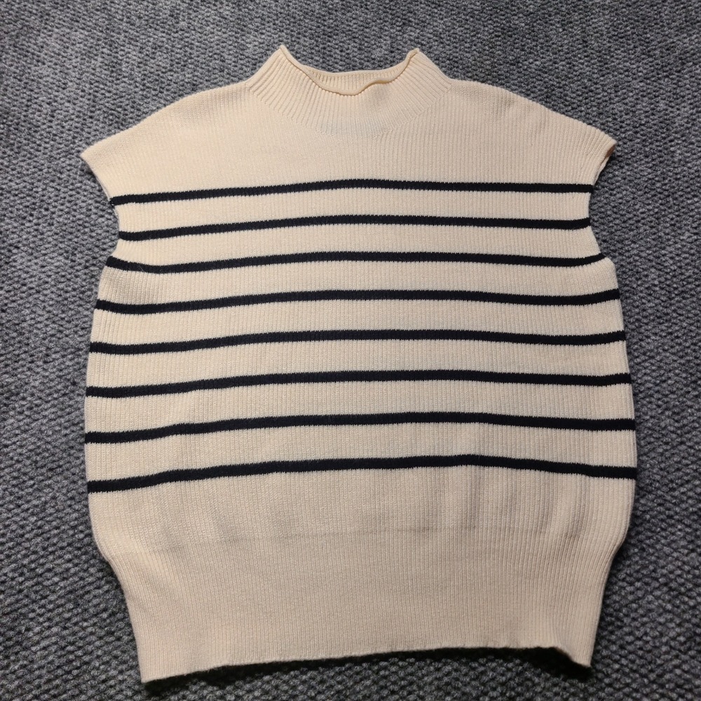 Merokeety Womens Striped Mock Neck Sweater Vest Cream Navy Blue Ribbed Size M